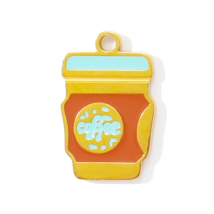 Detail showing a colorful enamel coffee cup pendant with golden edges and blue lid
