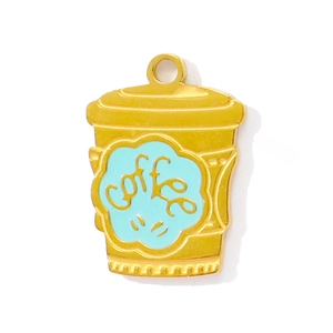 Detail showing an enamel coffee cup pendant with blue cloud design and golden finish