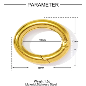 Vue macro d'un fermoir ovale en acier inoxydable doré avec dimensions et données de poids