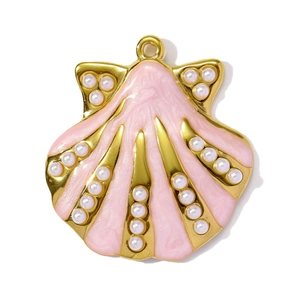 Golden seashell pendant necklace with pink enamel and elegant white pearl accents