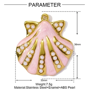 Detail view of pink enamel shell pendant with ABS pearl and stainless steel dimensions