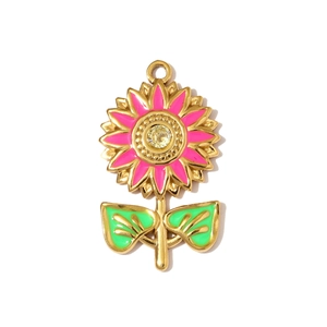 Macro detail of a sunflower pendant with pink enamel petals and a yellow rhinestone center