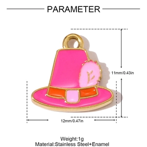 Colgante de sombrero rosa en esmalte y acero inoxidable con bordes dorados y pluma