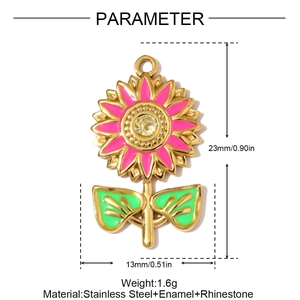 Detail view of pink enamel sunflower pendant with rhinestone and size measurements