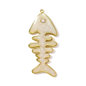 Detailed fishbone pendant with golden edges, pink shimmer enamel, and white faux pearl