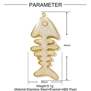 Detailed technical view of a 44x20mm gold fishbone pendant with enamel and ABS pearl inlay