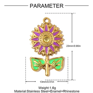 Detail showing 23mm sunflower pendant size dimensions in stainless steel and purple enamel
