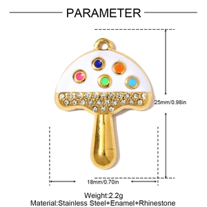Detail view of colorful enamel mushroom charm with rhinestone accents and dimensions