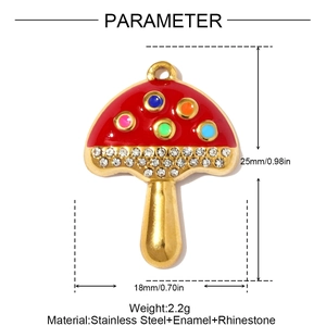 Macro view showing dimensions of a 25mm gold-plated mushroom pendant with red enamel top