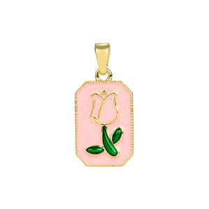 Vista de primer plano del colgante de tulipán dorado con esmalte rosa y borde de cuentas