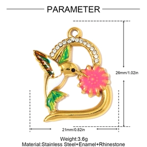 Detailed view of hummingbird flower pendant with dimensions and stainless steel material