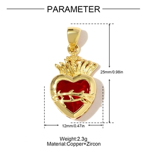 Detailed dimension guide for dark red zircon heart pendant with gold thorn and cross