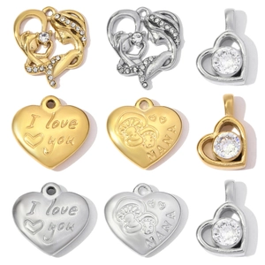 French Vintage Stainless Steel Heart Pendant For Women DIY Jewelry Making Gold Silver Rhinestone Engraved Charms