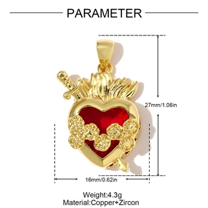 Vintage heart and dagger pendant with red zircon and flame detail in gold plated copper