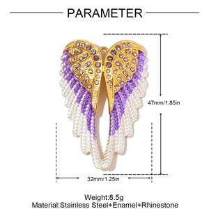 Golden stainless steel heart angel wing pendant with purple rhinestones and enamel details