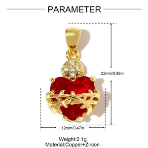 Sacred heart pendant dimensions 22mm by 12mm showing red zircon and golden thorn detail