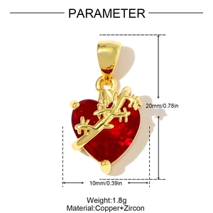 Macro detail of red zircon heart pendant with gold thorn frame and size dimensions