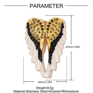 Detailed size parameter view of a large angel wing pendant with rhinestones and enamel