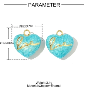 Detail of light blue marble enamel heart pendant with golden Love text and copper ring