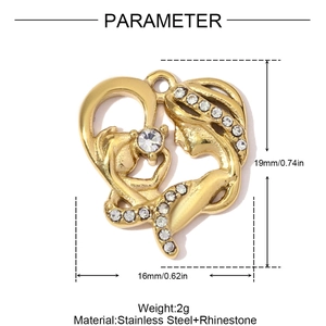 Macro detail of heart pendant with mother and child silhouette and white rhinestones