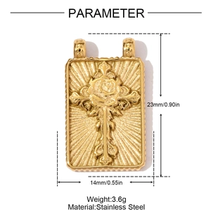 Detailed parameter view of gold stainless steel cross and rose embossed pendant