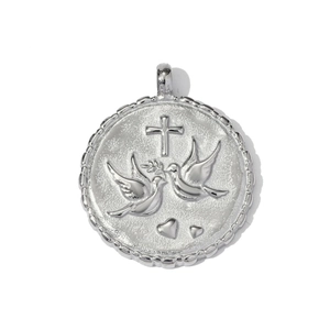 Silver round relief pendant with cross and peace doves made of durable stainless steel