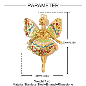 Detailed size parameters of fairy pendant with rhinestones and enamel wings in gold