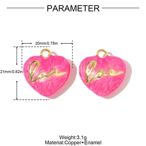 Detail view of 20mm x 21mm pink heart Love pendant with copper and enamel dimensions