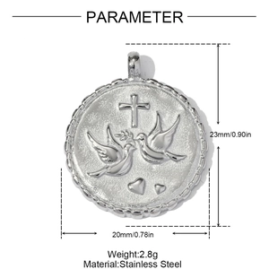 Polished stainless steel round pendant with engraved cross, doves and hearts design