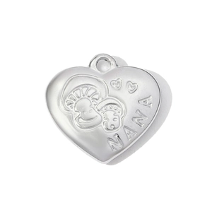 Macro detail of heart-shaped stainless steel pendant with NANA engraving and figures