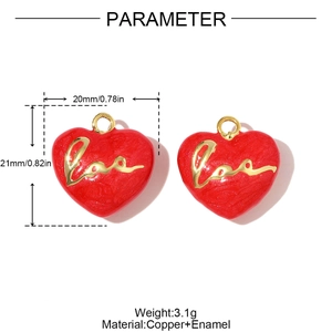 Detail view of 20mm dark red heart pendant with gold Love text and enamel finish