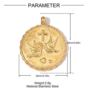 Detailed size and weight specs for the 20mm golden stainless steel dove cross pendant
