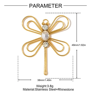 Detailed size chart showing golden dragonfly pendant dimensions 49x38mm in stainless steel