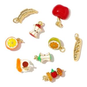 3D colorful enamel fruit and coffee charms set in gold-tone copper with cubic zirconia