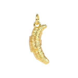 Detailed view of a gold-plated croissant-shaped pendant with spiral texture and top ring