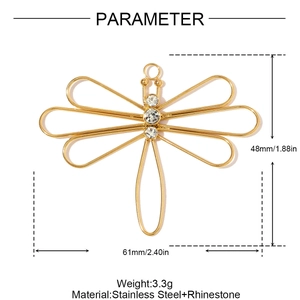 Detailed size view of a 61mm gold dragonfly stainless steel pendant with white rhinestones