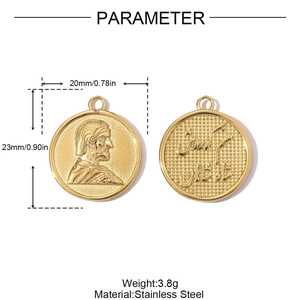 Detailed parameter view of 20mm gold stainless steel coin pendant with Persian relief