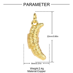 Detailed parameter view of a gold croissant pendant in copper with size and weight metrics