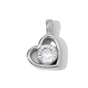 Macro shot of silver heart pendant featuring a centered sparkling round zircon stone