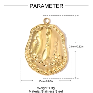 Detailed size view of a gold textured shield pendant in stainless steel with measurements