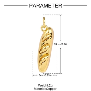 Macro shot of 24mm gold baguette pendant with copper material and size measurements