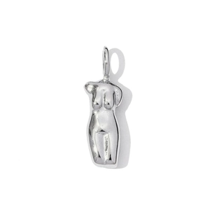 Detailed close-up of a silver-toned female torso sculpture pendant in polished steel