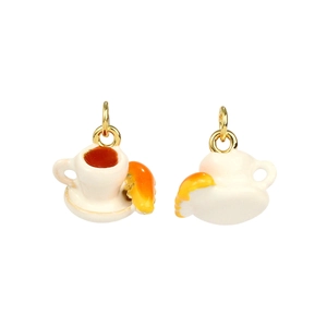Detailed view of 3D coffee cup and croissant pendants with golden rings for DIY jewelry