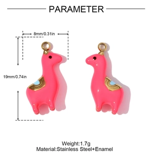 Detail view of pink enamel alpaca charms in stainless steel with 19mm size dimensions