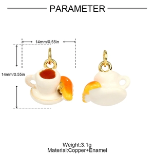 Detail view showing dimensions and weight of the 3D coffee cup and croissant charm