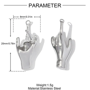 Macro detail of silver stainless steel middle finger pendants with dimensions
