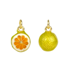 Detailed macro of 3D orange and lemon fruit charms with textured enamel and gold loops