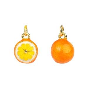 Detailed close-up of 3D orange enamel pendants with realistic citrus pulp textures
