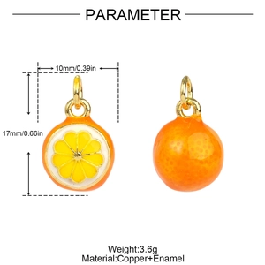 Detailed macro view showing 3D orange charm dimensions of 10mm by 17mm in enamel and copper