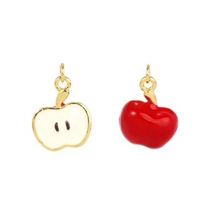 Detail of 3D red apple and white apple slice charms with enamel finish and gold rings
